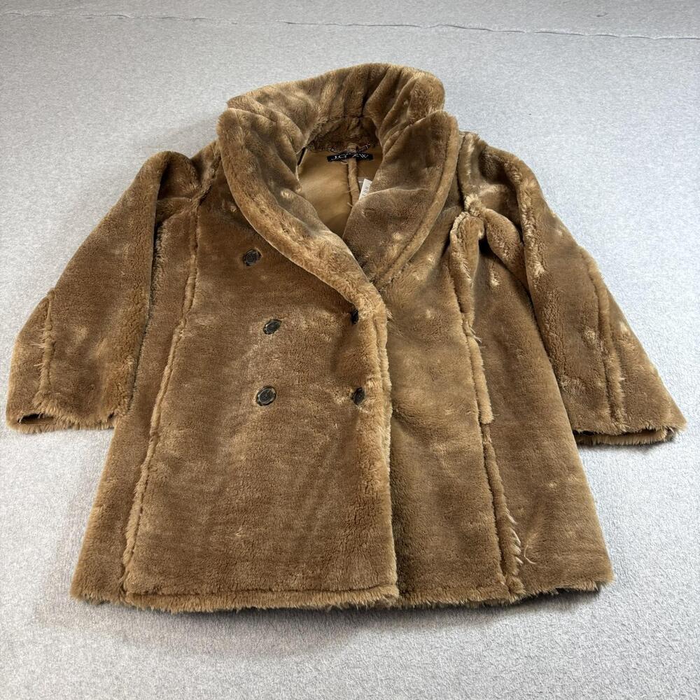 J Crew Faux Fur Coat Women XS Brown Long Double Breasted Teddy Jacket Heritage